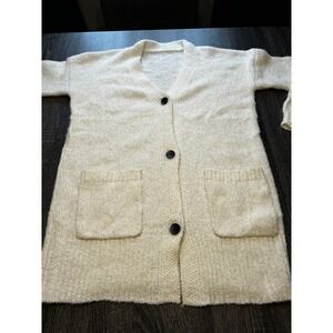Apricot Cream Knit Cardigan Duster Sweater‎ Long Sleeve Pockets Womens Large